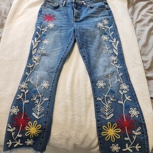 Johnny Was Blue Flare Jeans with Red Floral Embroidery